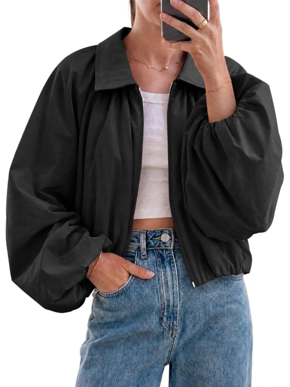 Women's Black Stylish Bomber Coat Fall Casual Zip Up Outerwear Cropped Jackets